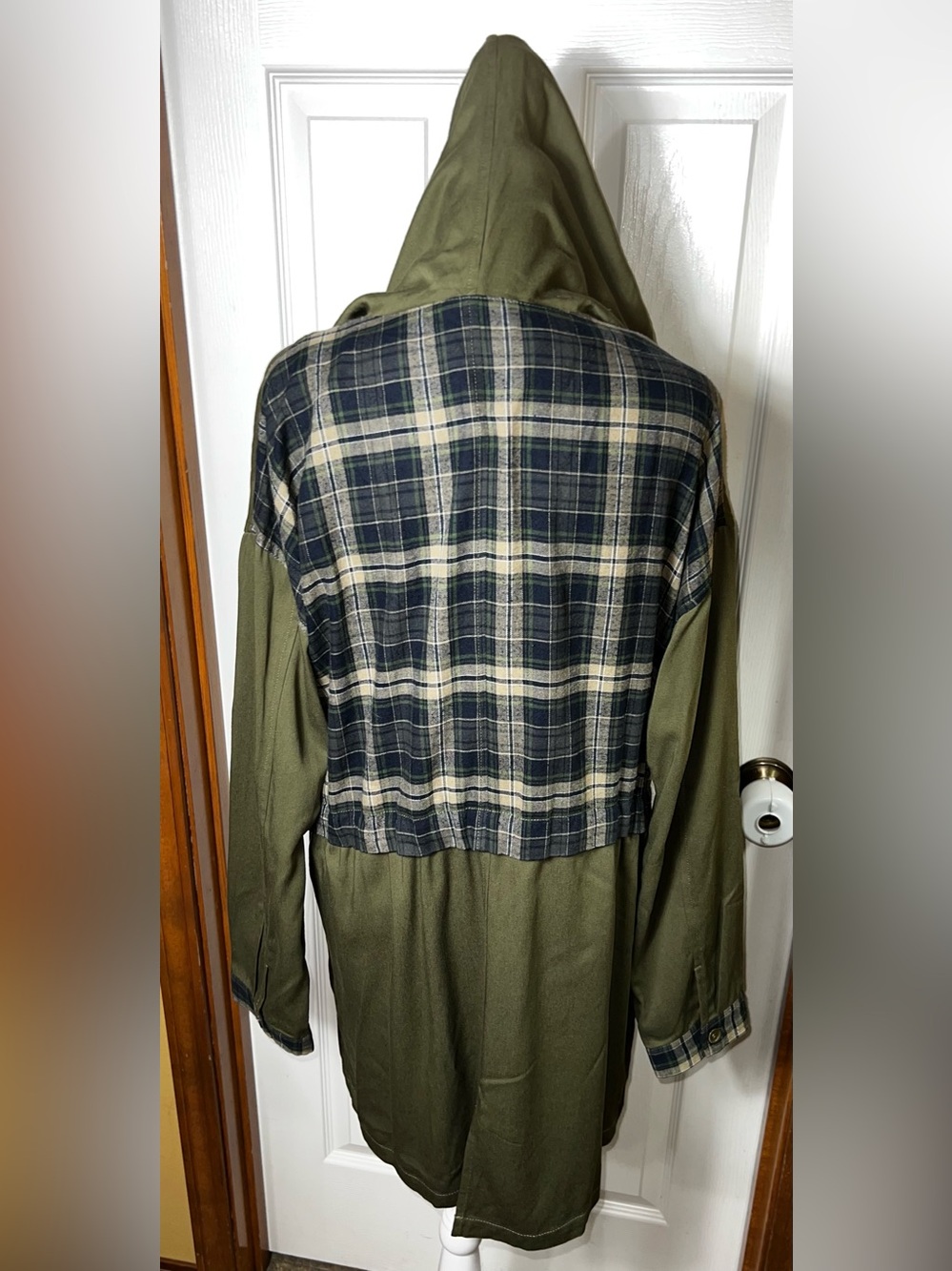 Hem & Thread Plaid Jacket Hoodie Lightweight Olive Green Lagenlook Women’s M